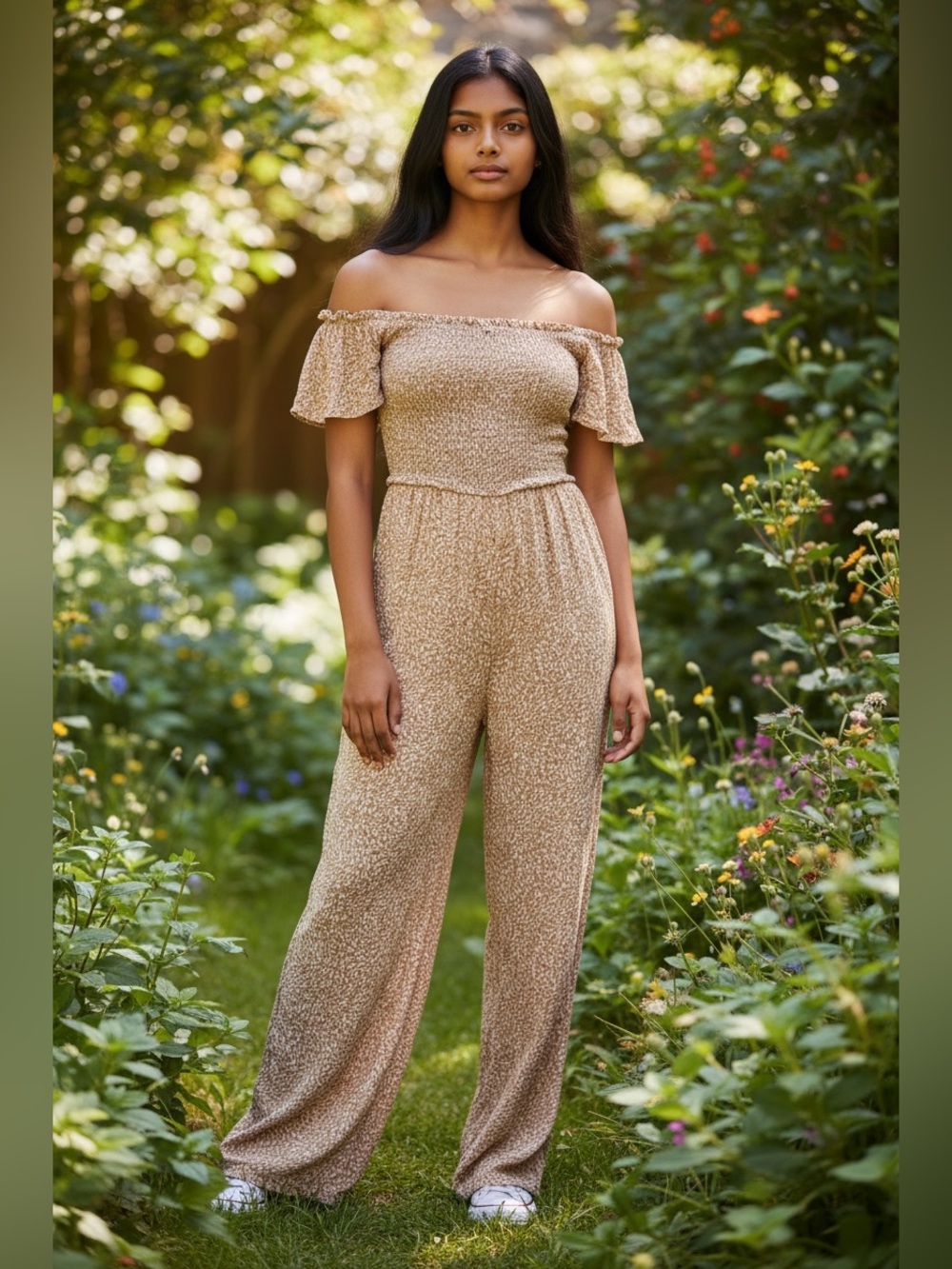 Jessica Simpson Beige Off-Shoulder Wide-Leg Jumpsuit